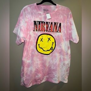 NIRVANA Pink Tie-Dye Tee with Yellow Smiley Graphic